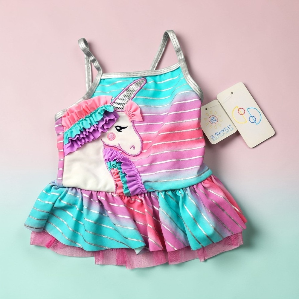 Flapdoodles Girls Unicorn Swim Top 2T Pink Teal Striped UPF 50+ NWT - TOP‎ ONLY